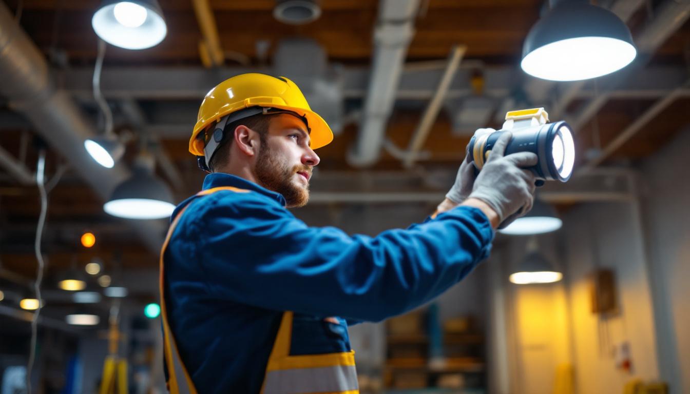 A photograph of a skilled lighting contractor at work