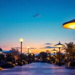 A photograph of a beautifully illuminated outdoor space featuring large lighting fixtures