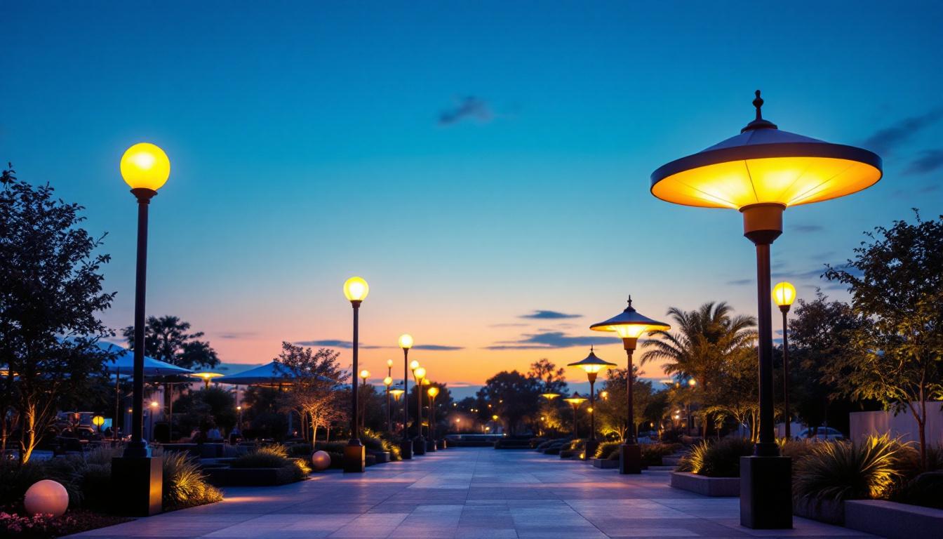 A photograph of a beautifully illuminated outdoor space featuring large lighting fixtures