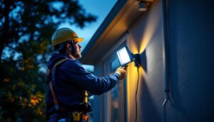 A photograph of a lighting contractor expertly installing an outside halogen flood light on a residential property during dusk