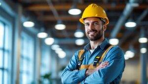 A photograph of a lighting contractor confidently inspecting a well-lit commercial space