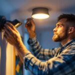 A photograph of a lighting contractor installing 12v pot lights in a modern home setting