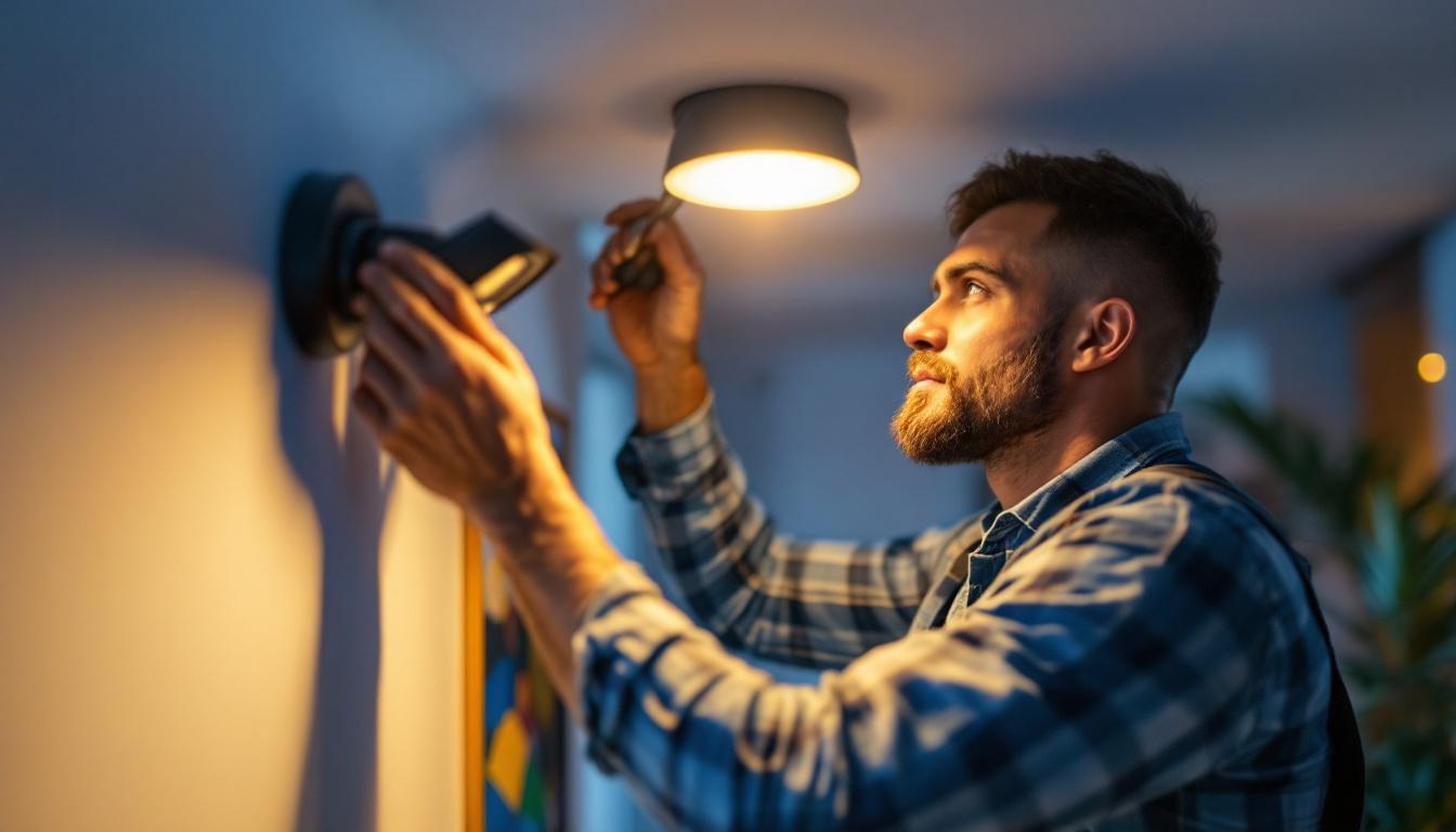 A photograph of a lighting contractor installing 12v pot lights in a modern home setting