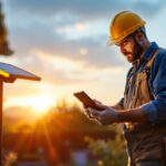 A photograph of a lighting contractor installing a solar stand light in a residential outdoor setting