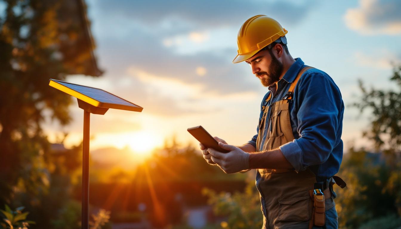 A photograph of a lighting contractor installing a solar stand light in a residential outdoor setting