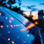 A photograph of a solar panel installation alongside a vibrant display of led lights illuminating a residential or commercial space at dusk