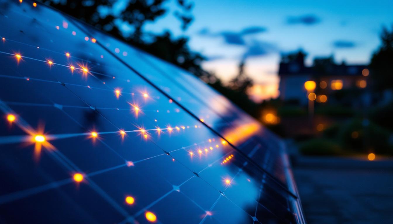 A photograph of a solar panel installation alongside a vibrant display of led lights illuminating a residential or commercial space at dusk