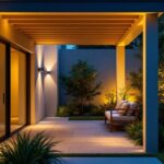 A photograph of a beautifully designed outdoor space featuring stylish up-down wall lights illuminating a patio or garden area