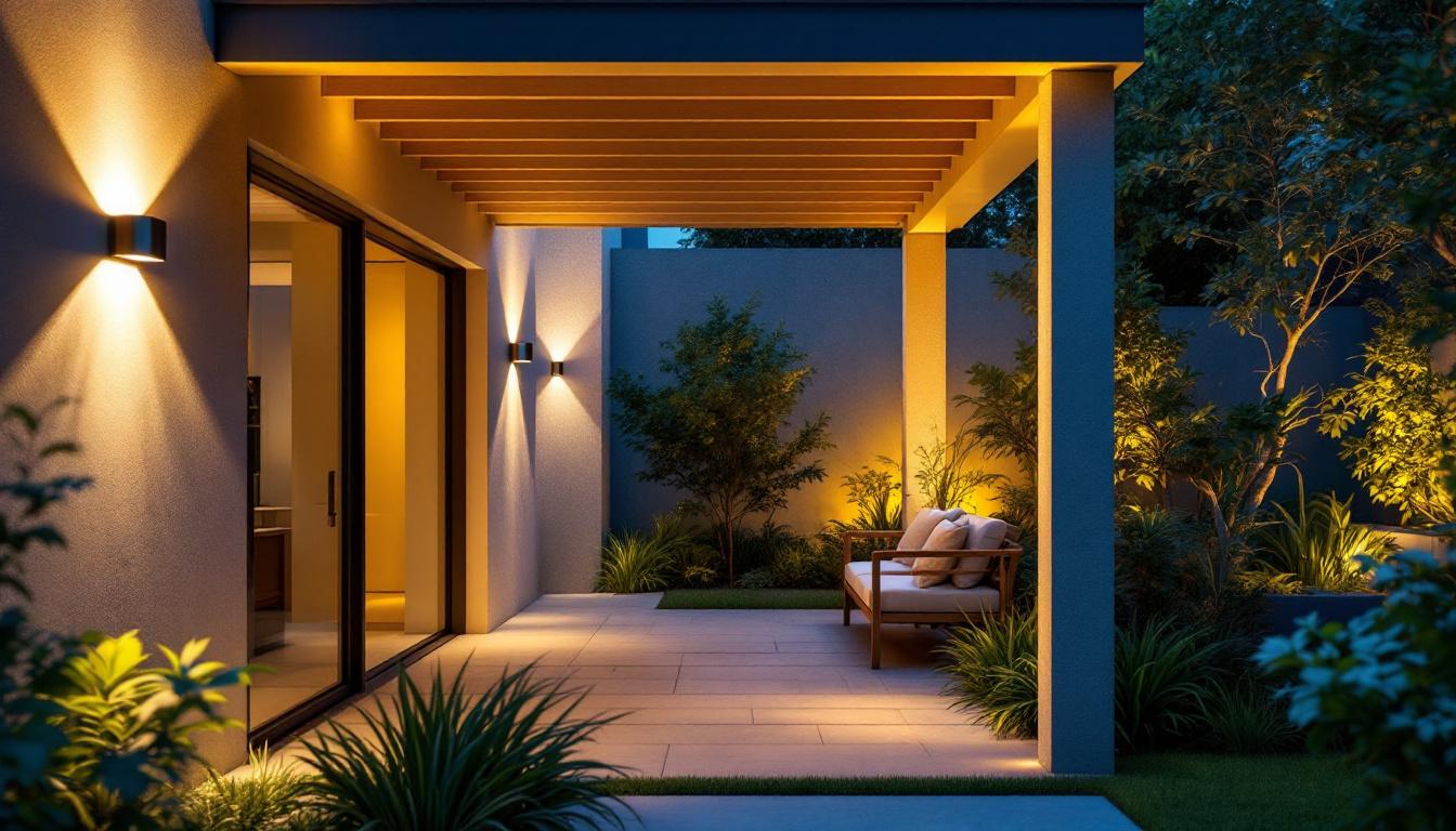 A photograph of a beautifully designed outdoor space featuring stylish up-down wall lights illuminating a patio or garden area