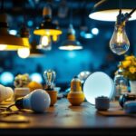 A photograph of a close-up view of a ballast alongside various types of light fixtures and bulbs