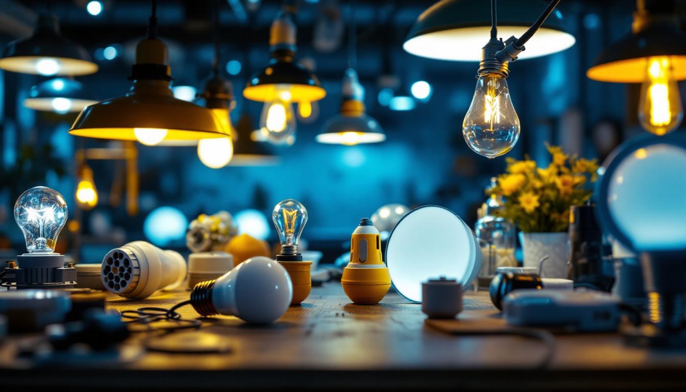 A photograph of a close-up view of a ballast alongside various types of light fixtures and bulbs