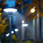 A photograph of a modern led lamp post light illuminating a well-lit outdoor space