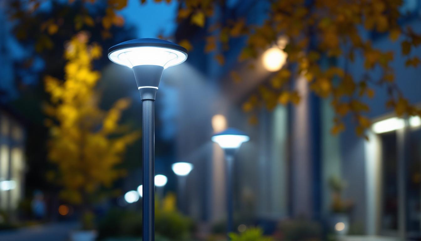 A photograph of a modern led lamp post light illuminating a well-lit outdoor space