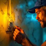A photograph of a skilled lighting contractor installing or inspecting a vintage electrical outlet