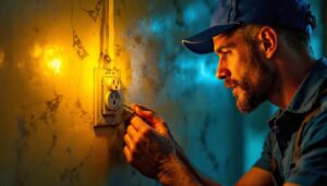 A photograph of a skilled lighting contractor installing or inspecting a vintage electrical outlet