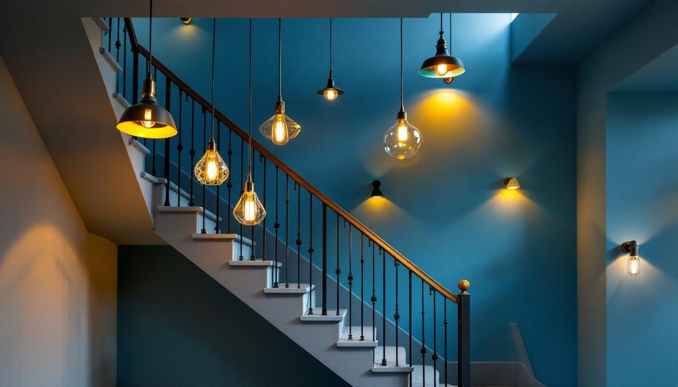 A photograph of a beautifully designed staircase featuring a variety of stylish hanging lights