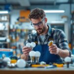 A photograph of a lighting contractor examining a variety of sylvania bulbs in a well-organized workspace