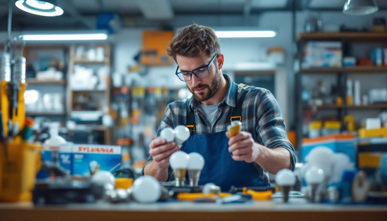 A photograph of a lighting contractor examining a variety of sylvania bulbs in a well-organized workspace