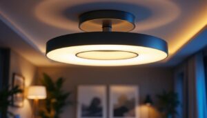 A photograph of a beautifully designed large flush mount light fixture installed in a modern living space