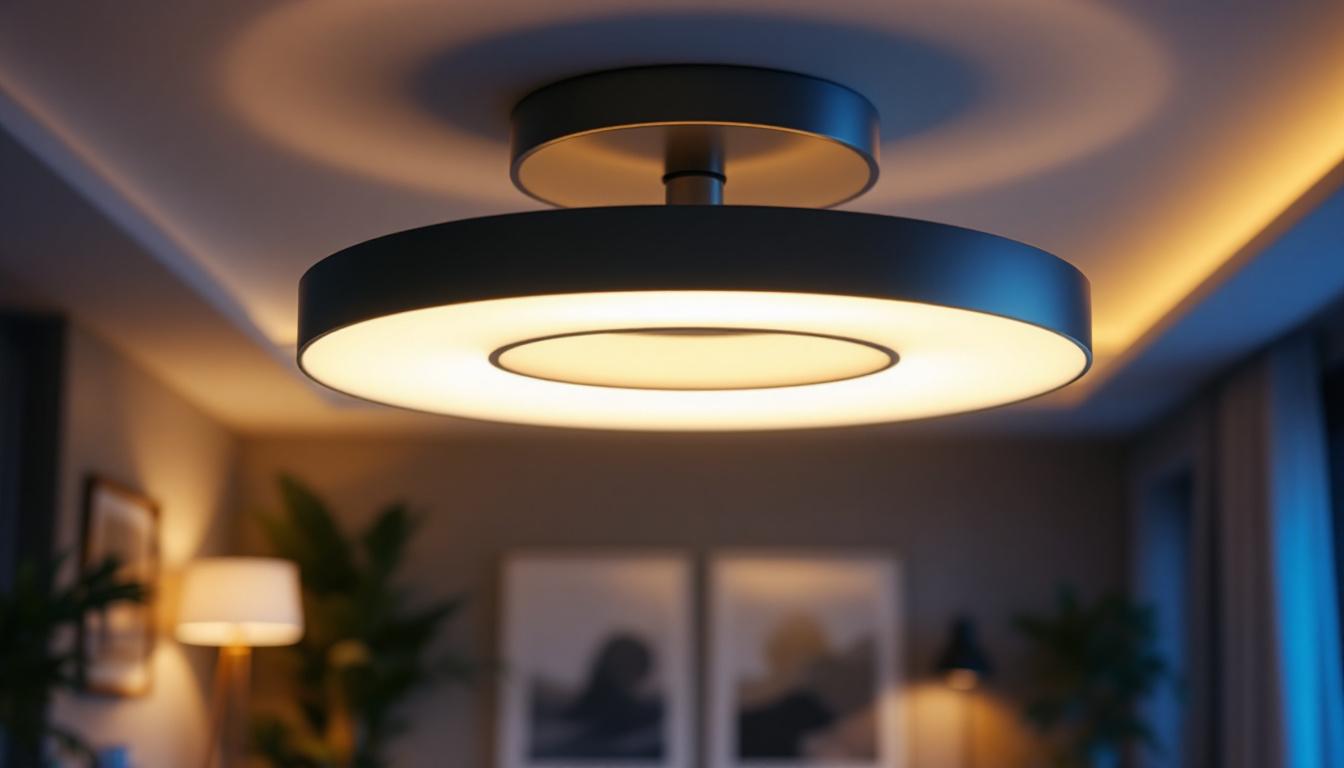 A photograph of a beautifully designed large flush mount light fixture installed in a modern living space