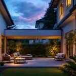 A photograph of a well-designed outdoor space featuring a stylish flush mount ceiling light installed on a porch or patio