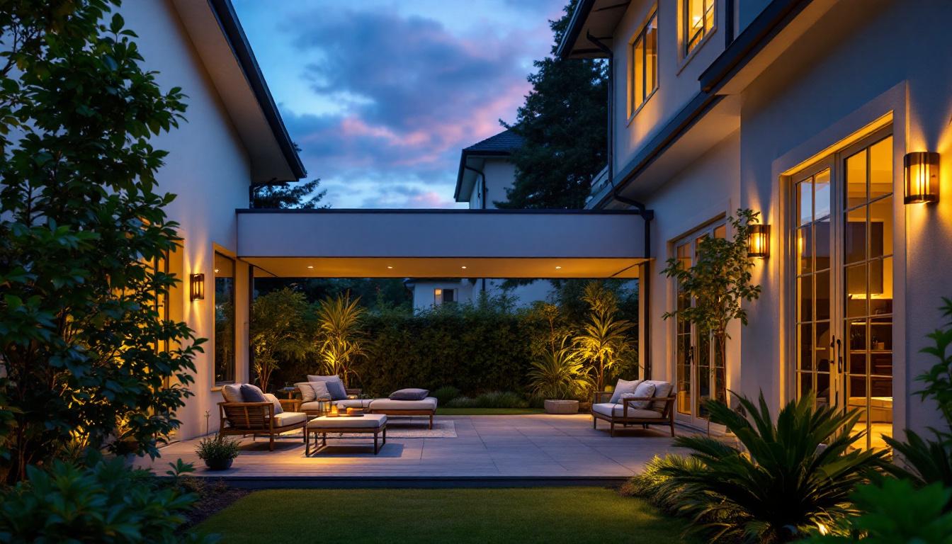 A photograph of a well-designed outdoor space featuring a stylish flush mount ceiling light installed on a porch or patio