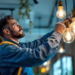 A photograph of a skilled lighting contractor in action