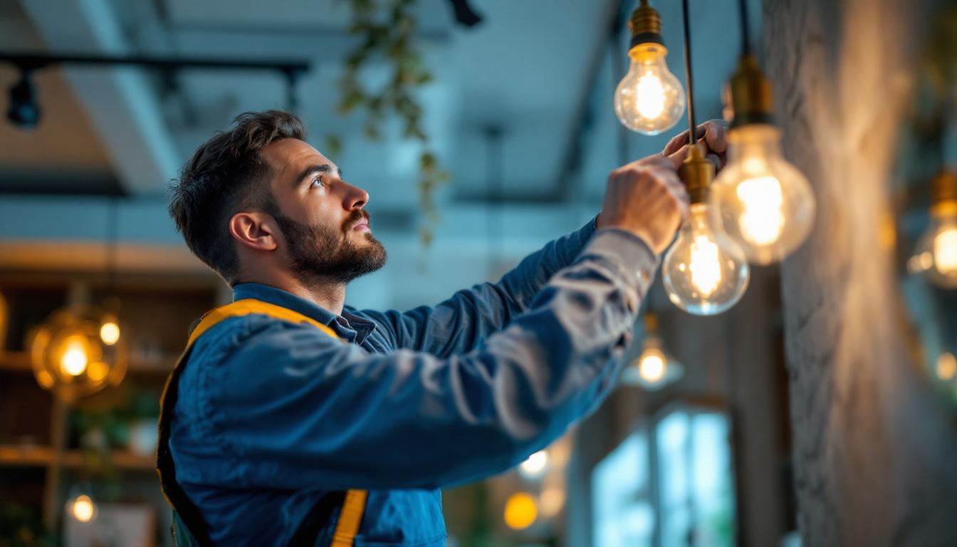 A photograph of a skilled lighting contractor in action