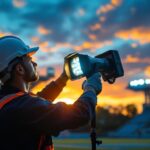 A photograph of a lighting contractor expertly installing or adjusting powerful sports lights on a field or court