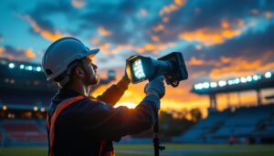 A photograph of a lighting contractor expertly installing or adjusting powerful sports lights on a field or court