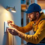 A photograph of a lighting contractor installing the plug cover box in a residential setting