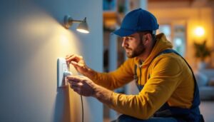 A photograph of a lighting contractor installing the plug cover box in a residential setting