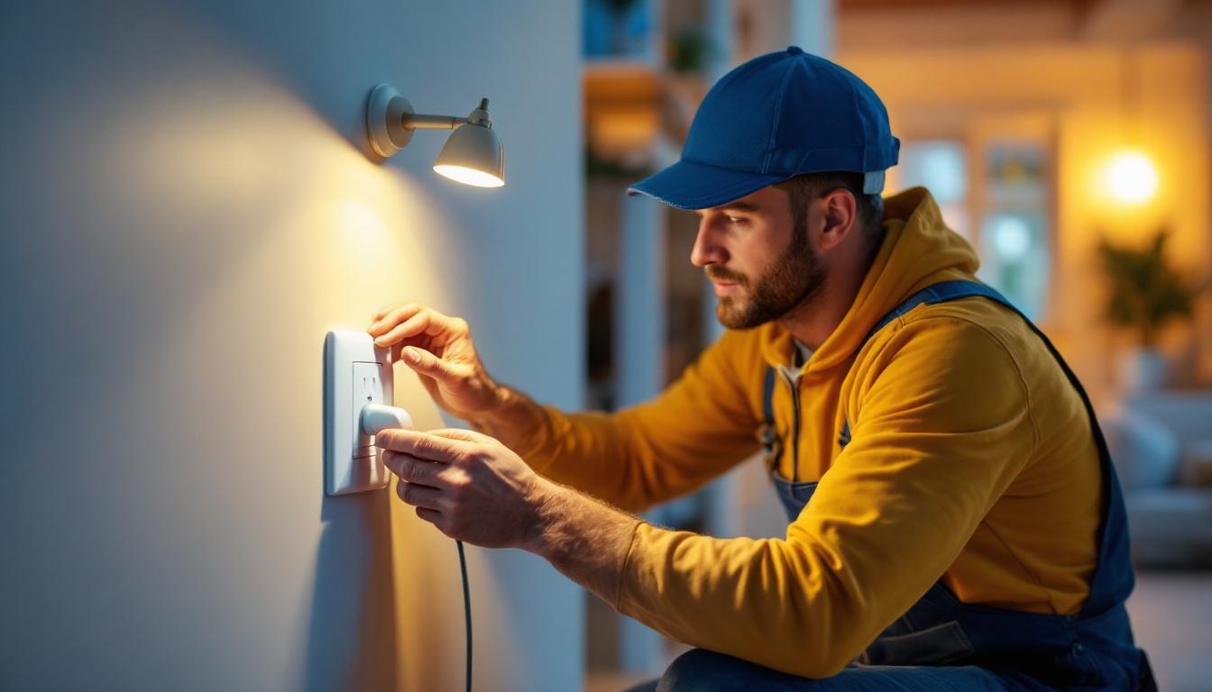 A photograph of a lighting contractor installing the plug cover box in a residential setting