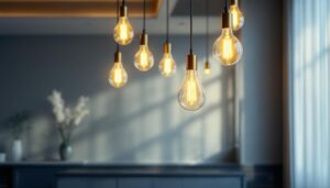 A photograph of a beautifully designed suspended lighting fixture in an elegant interior setting