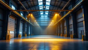 A photograph of a high bay warehouse interior showcasing effective lighting solutions
