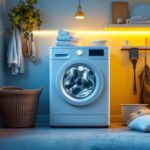 A photograph of a well-organized laundry room featuring a modern washing machine receptacle
