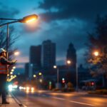 A photograph of a cobrahead street light illuminating a well-lit urban street at dusk