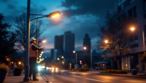 A photograph of a cobrahead street light illuminating a well-lit urban street at dusk
