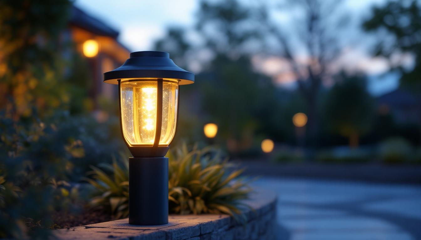 A photograph of a beautifully designed outdoor post mount light installed in a landscaped setting