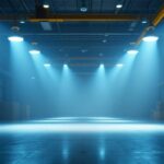 A photograph of a well-lit industrial space showcasing high-bay lights in action