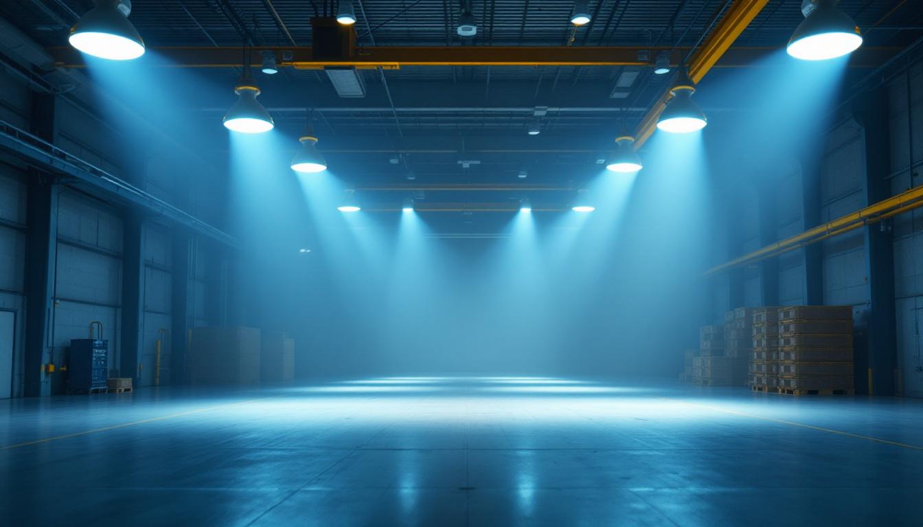 A photograph of a well-lit industrial space showcasing high-bay lights in action