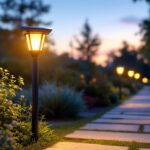 A photograph of a beautifully illuminated solar post light installed in a serene outdoor setting at dusk
