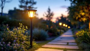 A photograph of a beautifully illuminated solar post light installed in a serene outdoor setting at dusk