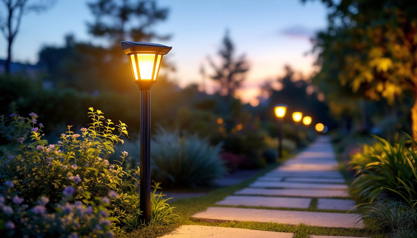A photograph of a beautifully illuminated solar post light installed in a serene outdoor setting at dusk