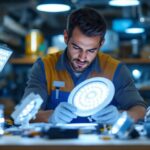 A photograph of a lighting contractor examining a variety of led lights and ballasts in a workshop setting