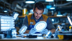 A photograph of a lighting contractor examining a variety of led lights and ballasts in a workshop setting