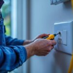 A photograph of a lighting contractor installing or inspecting a washer receptacle in a residential setting