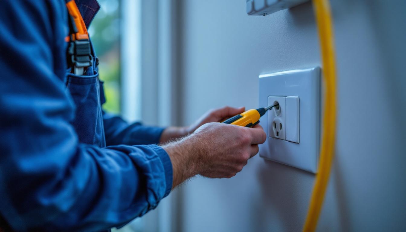 A photograph of a lighting contractor installing or inspecting a washer receptacle in a residential setting