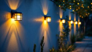 A photograph of a beautifully illuminated outdoor wall featuring stylish solar lights