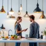 A photograph of a beautifully arranged display of various pendant lights in a modern home setting